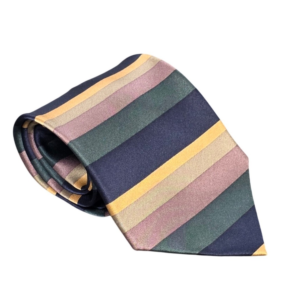 Stonehenge Ltd Silk Necktie Men's Navy Green Mauve Gold Striped Made in USA VTG